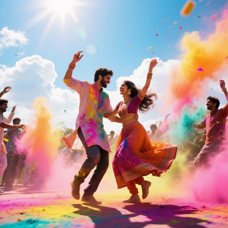 A Vibrant Holi Celebration In India At Noon, Clouds Of Colored Powder Swirling Around A Joyous