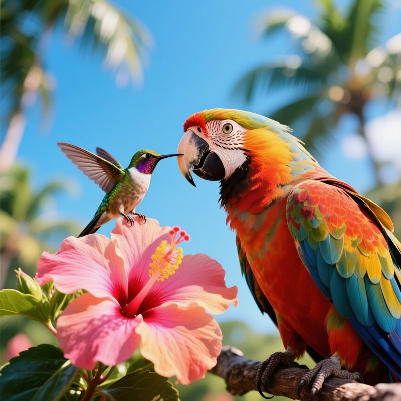 A Vibrant Macaw Kisses A Tiny Hummingbird Perched On A Blooming Hibiscus Flower Under Intense
