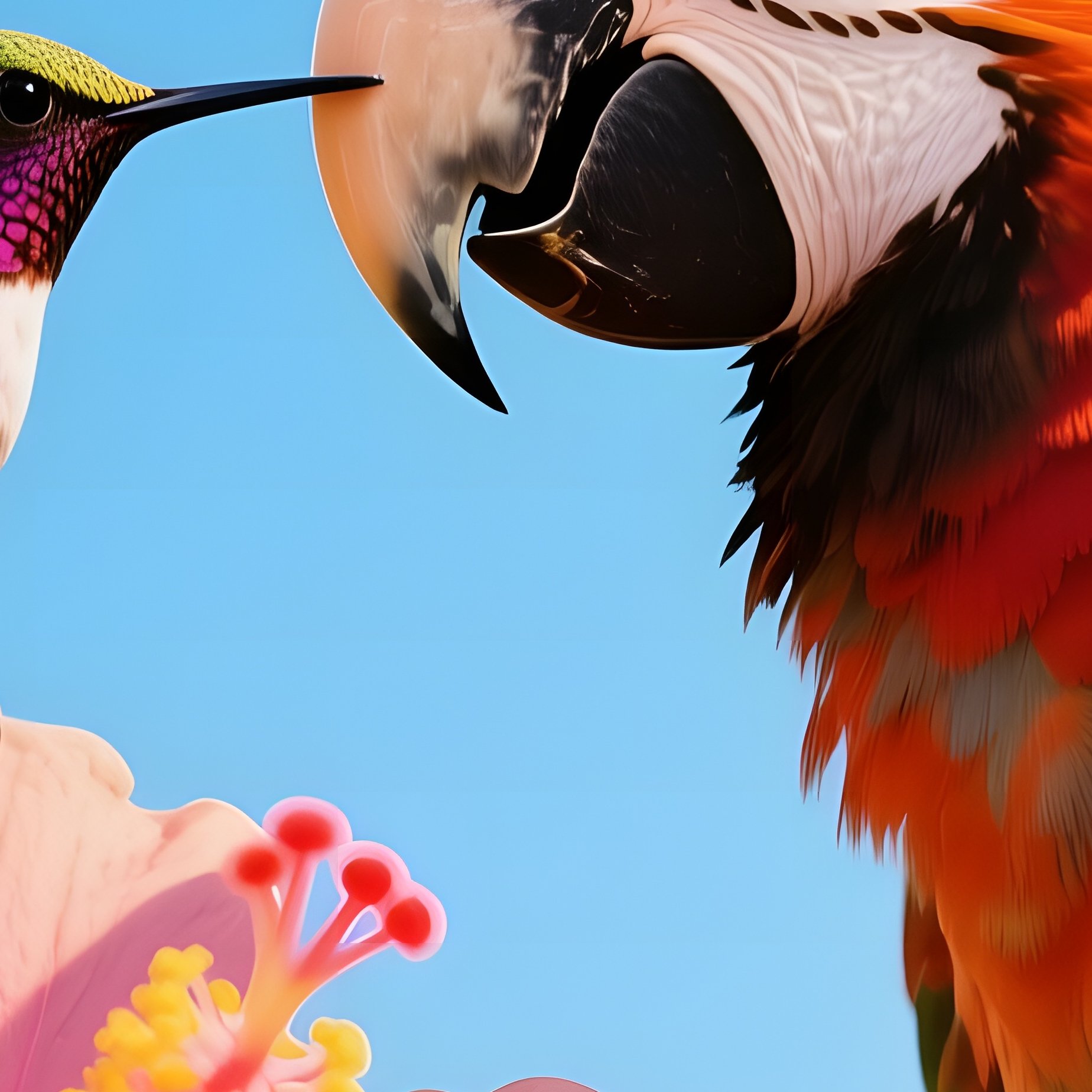 A Vibrant Macaw Kisses A Tiny Hummingbird Perched On A Blooming Hibiscus Flower Under Intense - Full Resolution Quality Preview