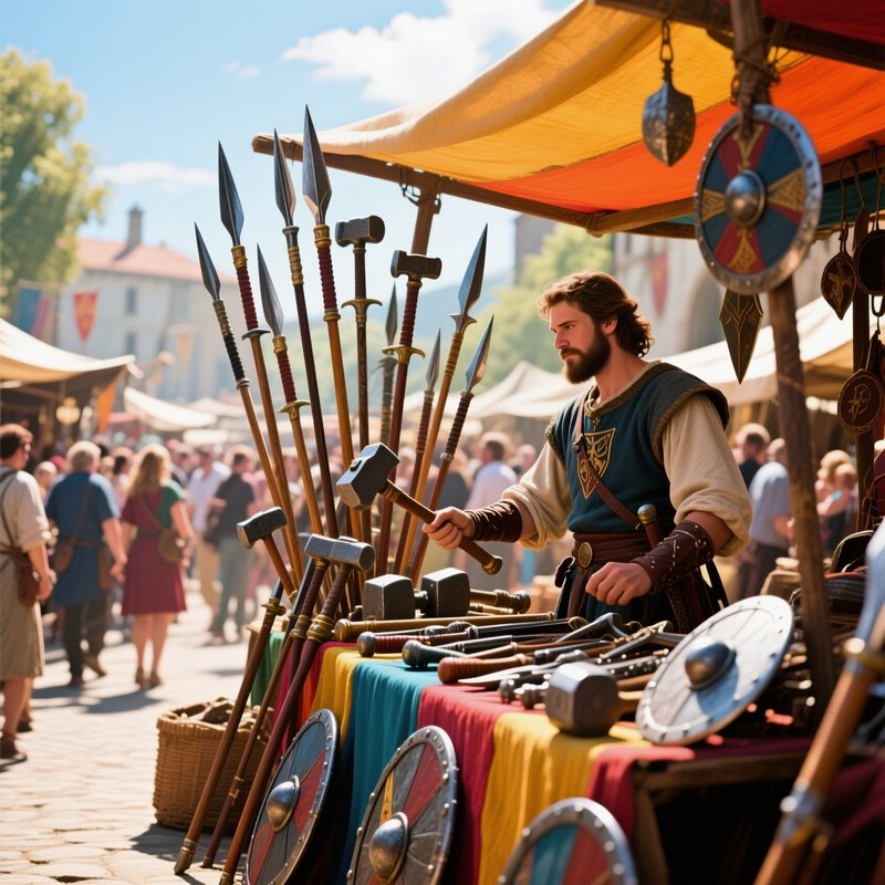 A Vibrant Market Scene At Midday, Where A Vendor Displays An Array Of Medieval Weapons Such As