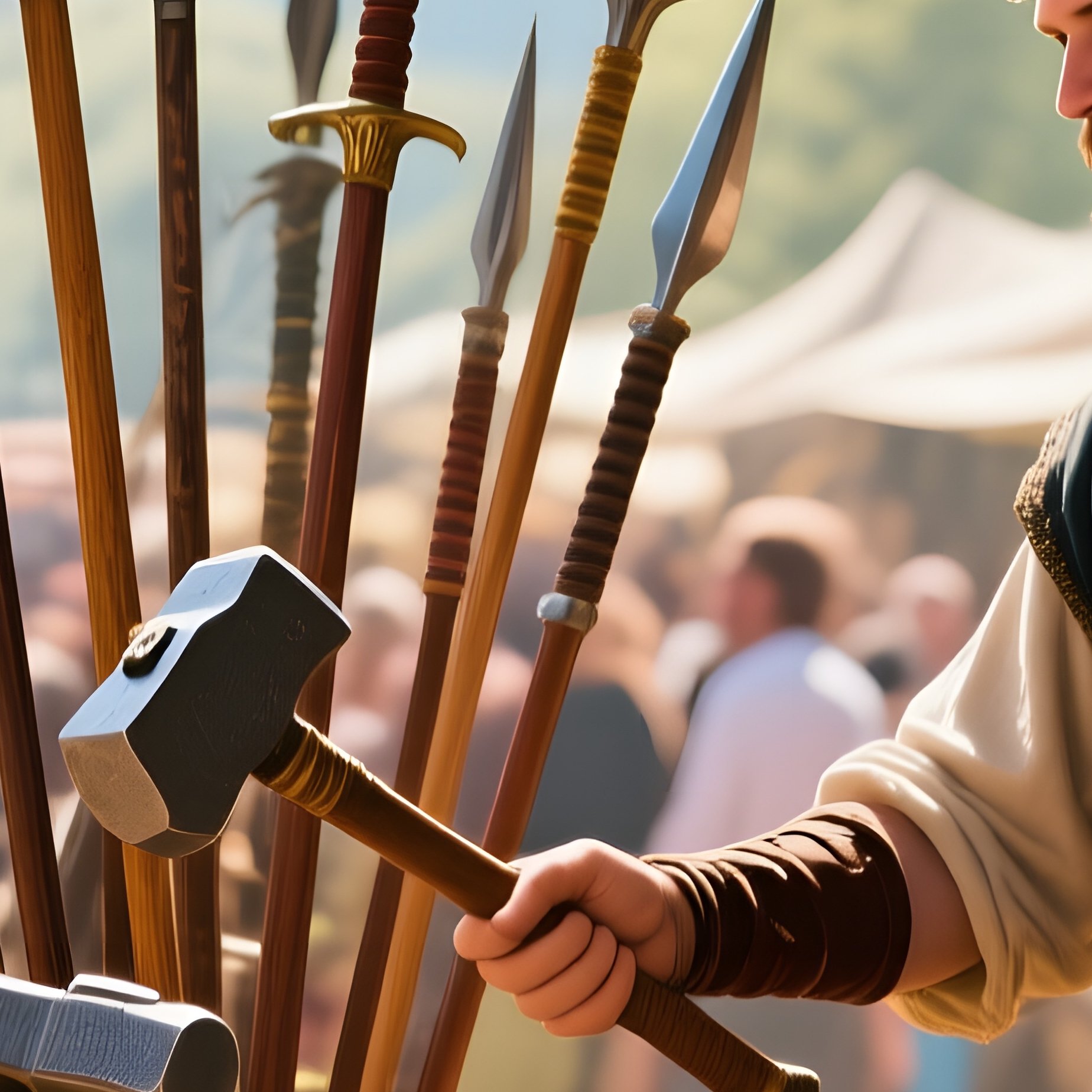 A Vibrant Market Scene At Midday, Where A Vendor Displays An Array Of Medieval Weapons Such As - Full Resolution Quality Preview