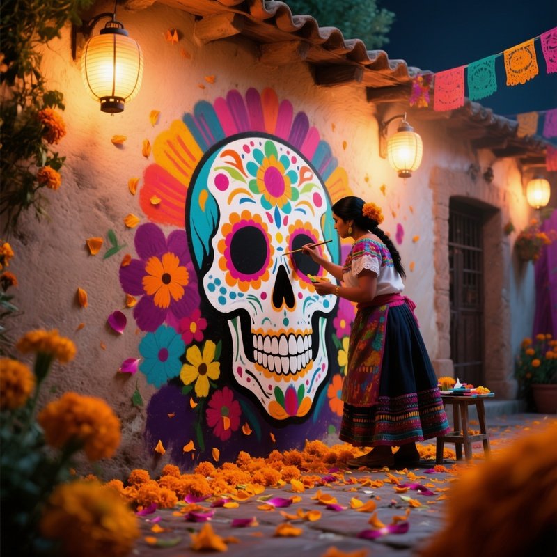 A Vibrant Mexican Day Of The Dead Celebration, Marigold Petals Scattered As A Muralist Creates A