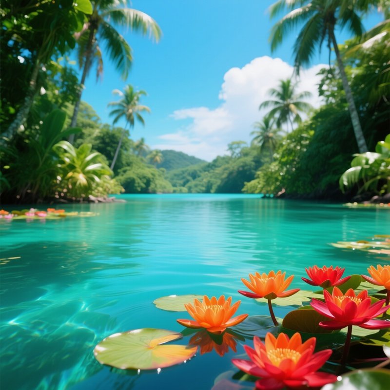 A Vibrant Midday View Of A Tropical Lagoon With Turquoise Water, Bright Orange And Red Water Lilies