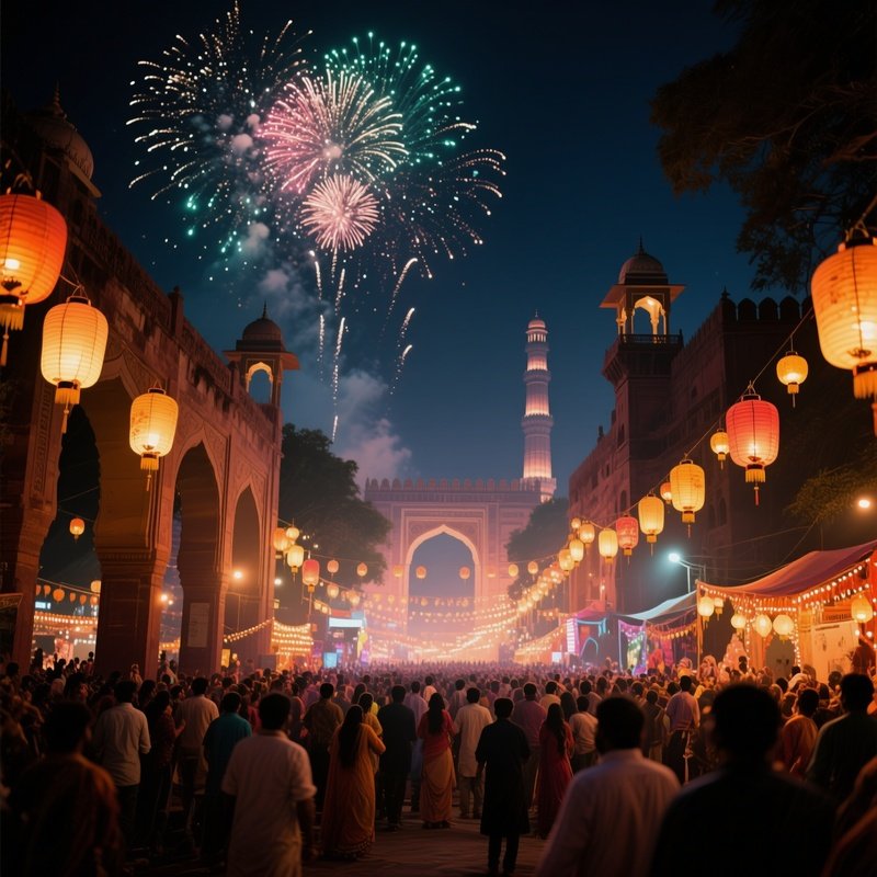 A Vibrant Night Festival In Delhi'S Old City, Lanterns Hanging From Arches, Crowds Celebrating