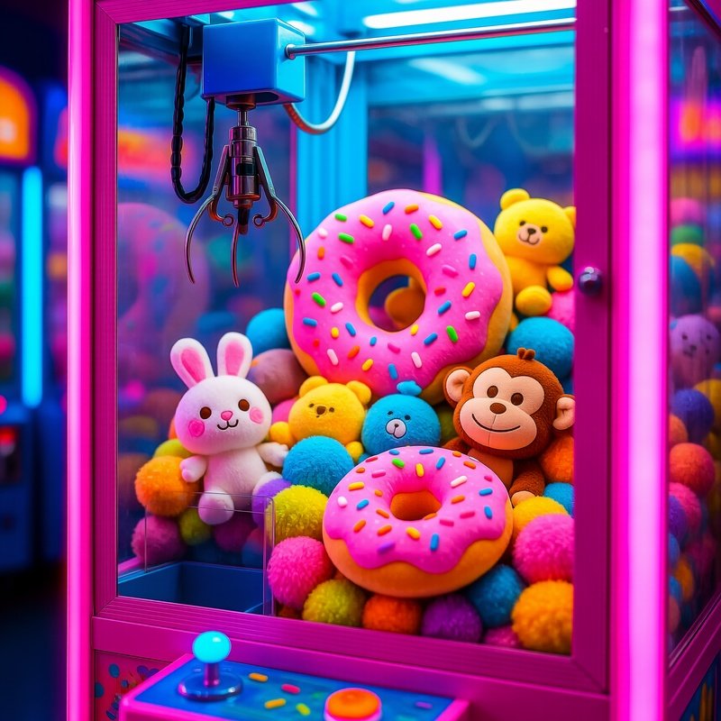A Vibrant Pile Of Plush Donuts And Animal Toys In A Claw Machine