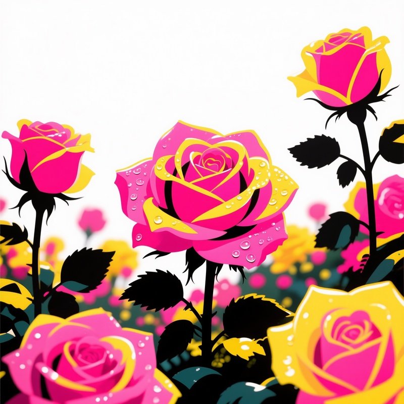 A Vibrant Pop‑Art Garden Bursting With Oversized Roses Rendered In Flat Neon Pinks And Yellows, Set