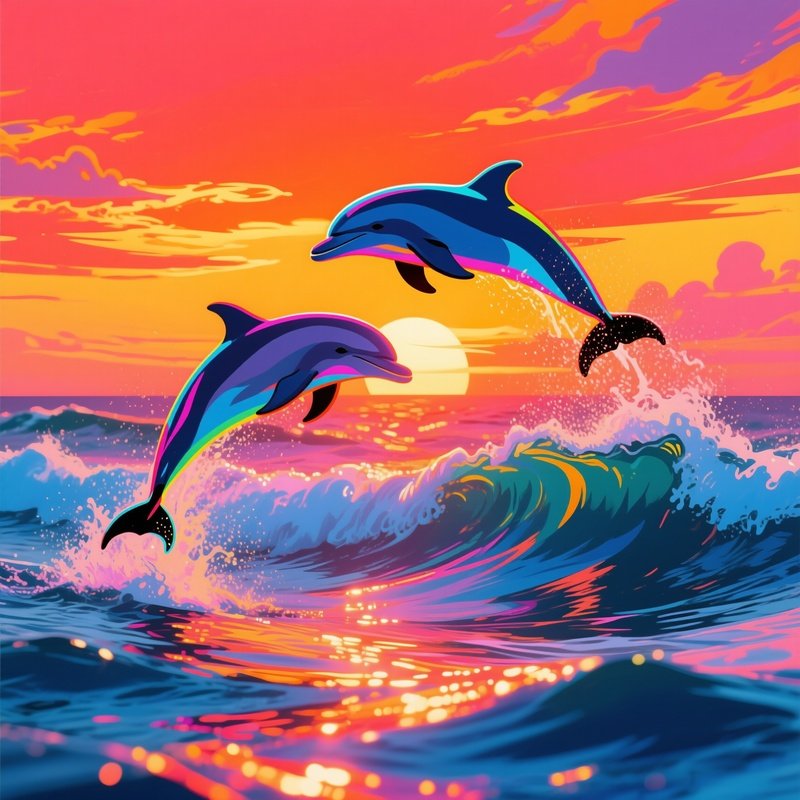 A Vibrant Pop Art Scene At Sunset, Where Dolphins Leap From The Ocean'S Shimmering Surface, Their