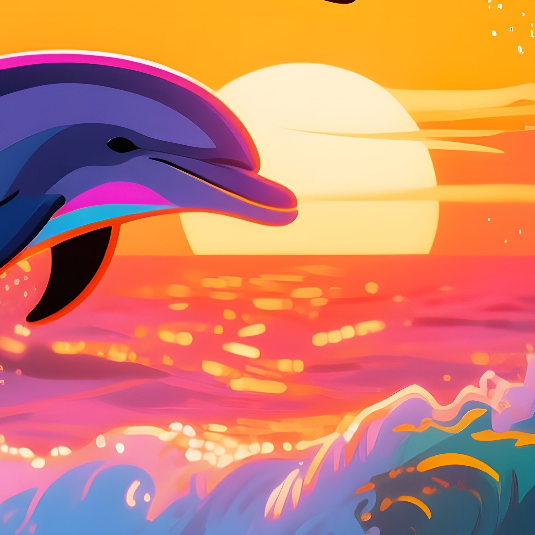 A Vibrant Pop Art Scene At Sunset, Where Dolphins Leap From The Ocean'S Shimmering Surface, Their - Full Resolution Quality Preview