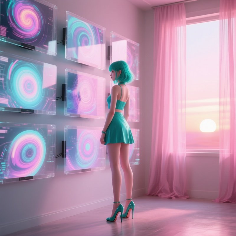 A Vibrant Pop‑Up Girl With Teal Hair And High Heels Stands Before A Wall Of Transparent Monitors