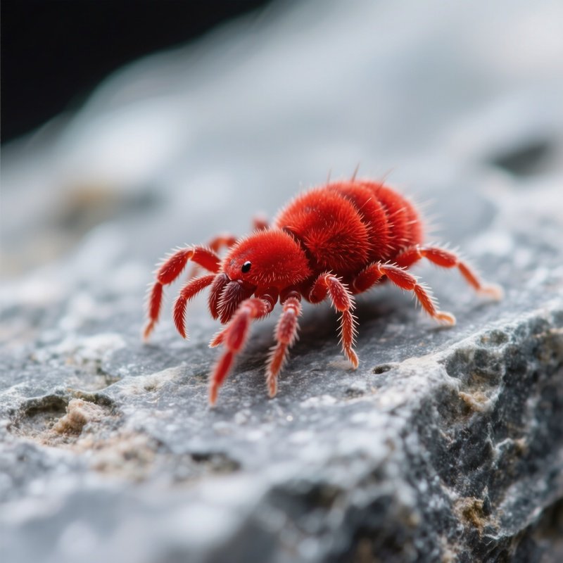 A Vibrant Red Velvet Mite Crawling Across A Grey Stone