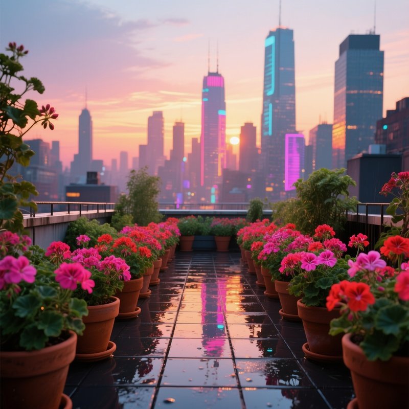 A Vibrant Rooftop Garden In A Bustling City At Sunset, With Rows Of Bright Geraniums In Terracotta