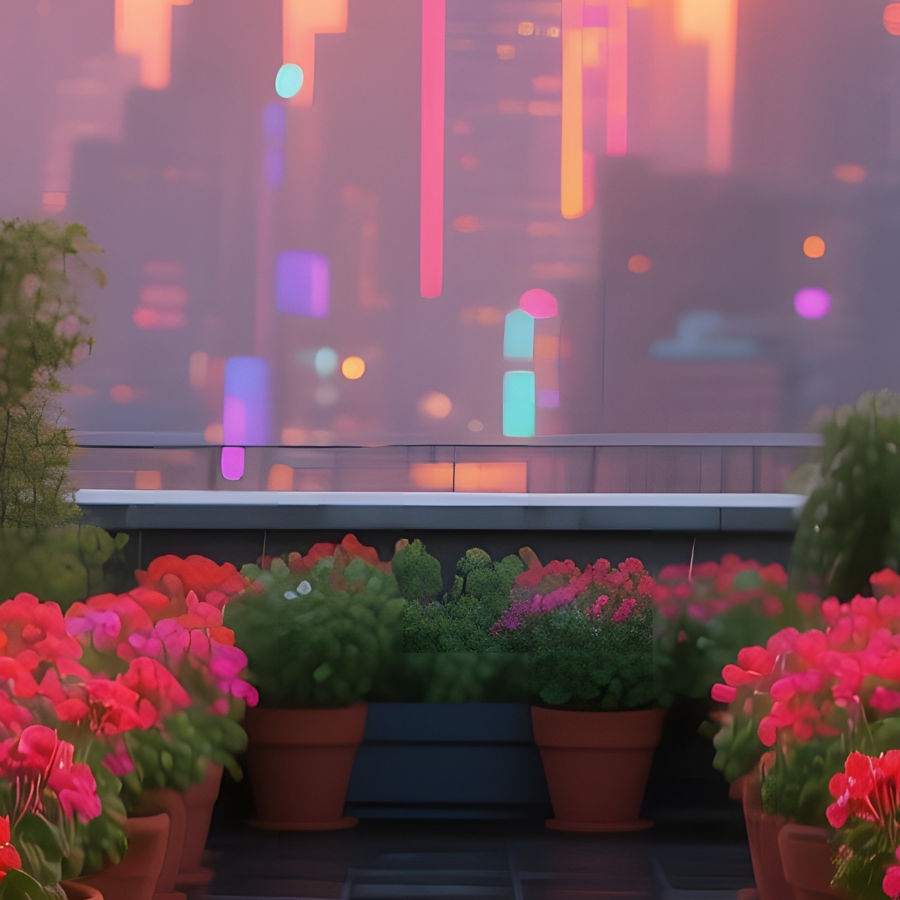 A Vibrant Rooftop Garden In A Bustling City At Sunset, With Rows Of Bright Geraniums In Terracotta - Full Resolution Quality Preview
