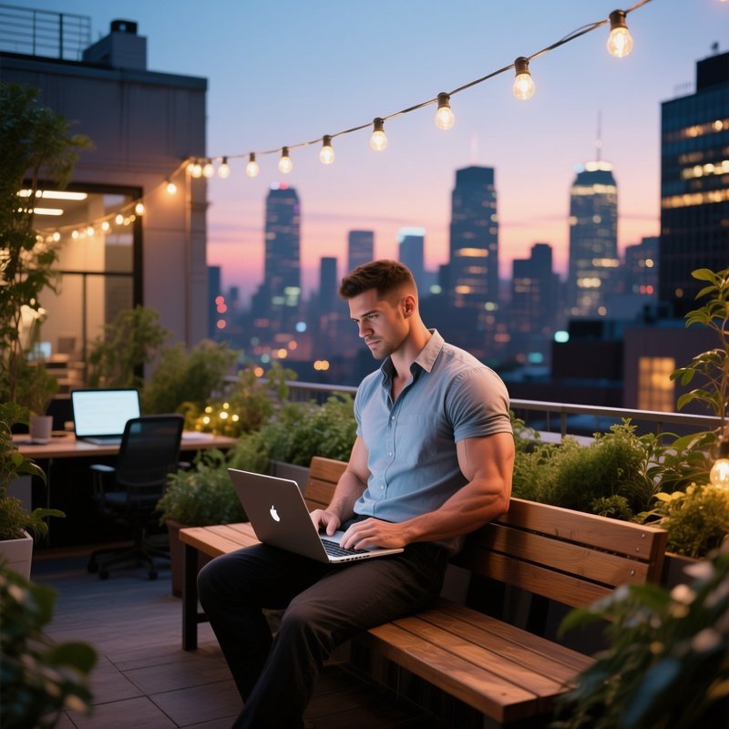 A Vibrant Rooftop Garden Office With String Lights, A Muscular Developer In A Casual Shirt Leaning