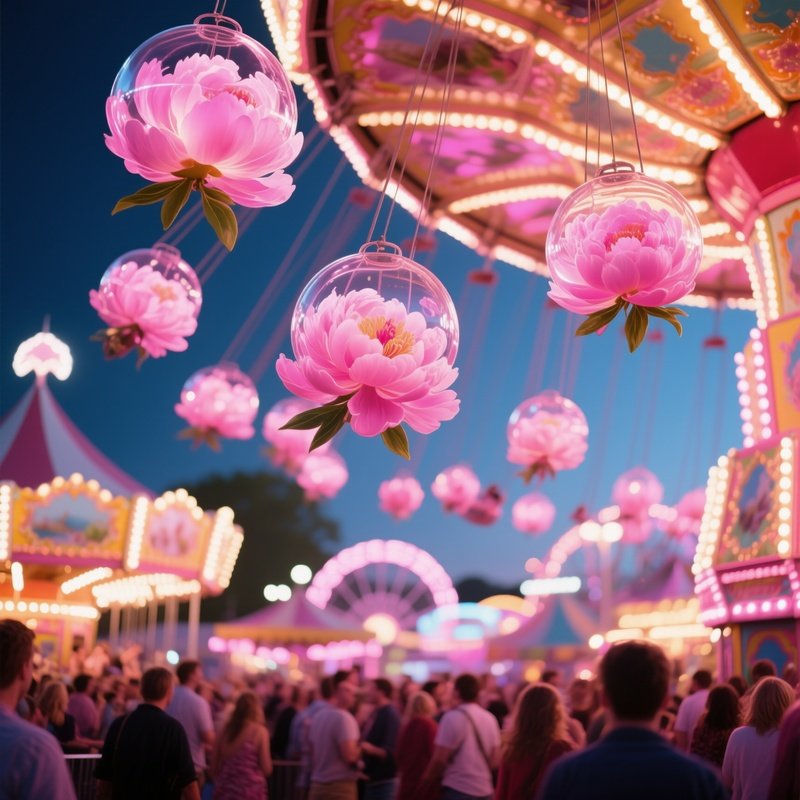 A Vibrant Spring Fairground, Rides Illuminated By Hanging Glass Orbs Shaped Like Blooming Peonies,