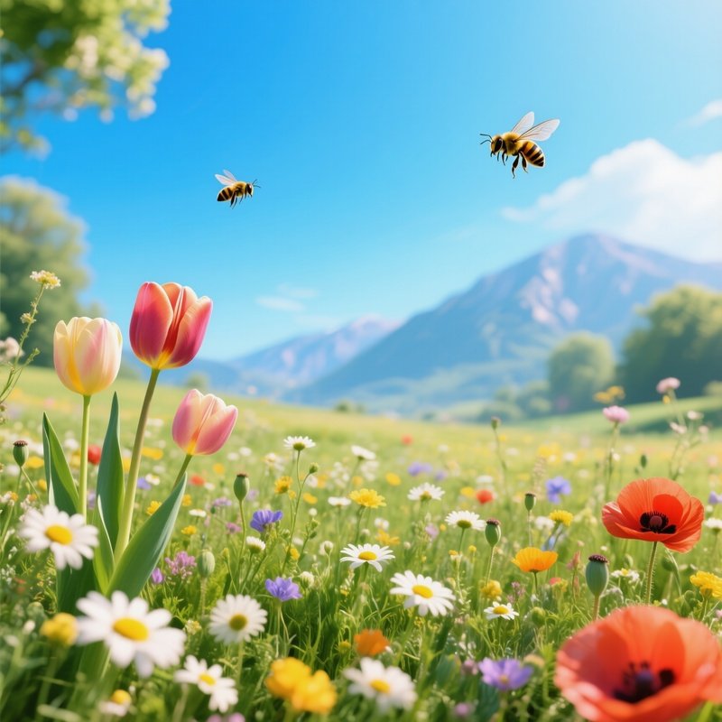 A Vibrant Spring Meadow Bursting With Wildflowers—Tulips, Daisies, And Poppies—Under A Bright Blue