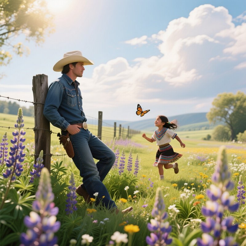 A Vibrant Spring Meadow Filled With Wild Lupines, A Cowboy In Denim Rests Against A Fence Post, A
