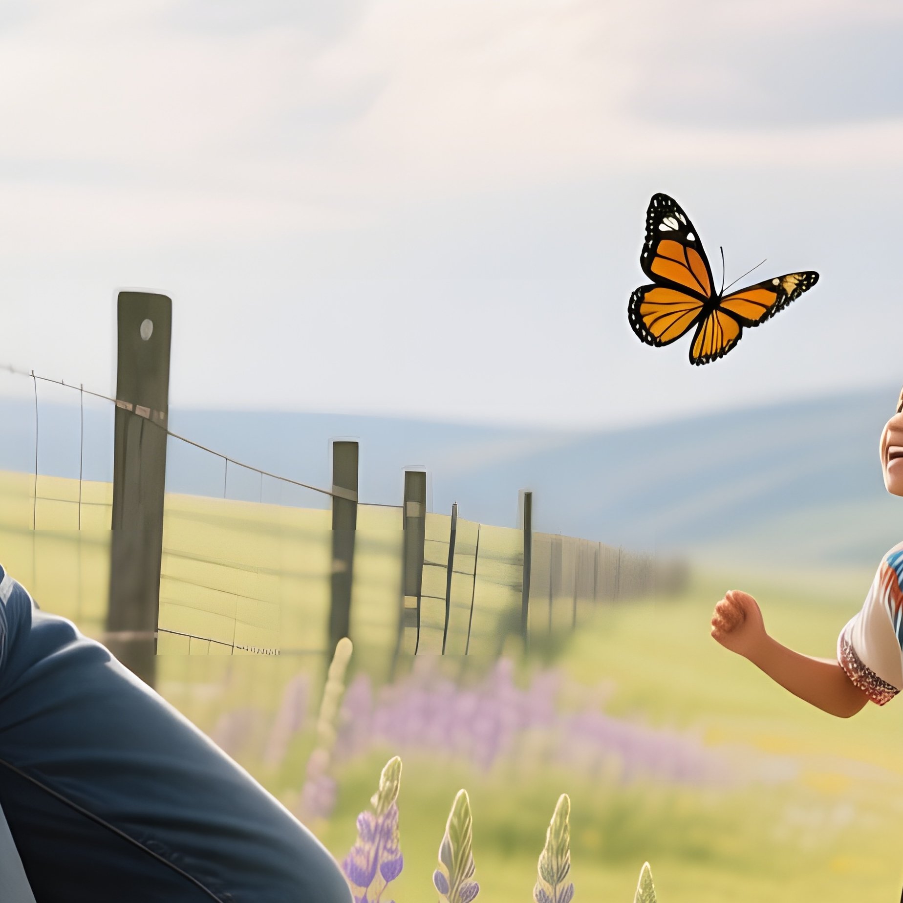 A Vibrant Spring Meadow Filled With Wild Lupines, A Cowboy In Denim Rests Against A Fence Post, A - Full Resolution Quality Preview
