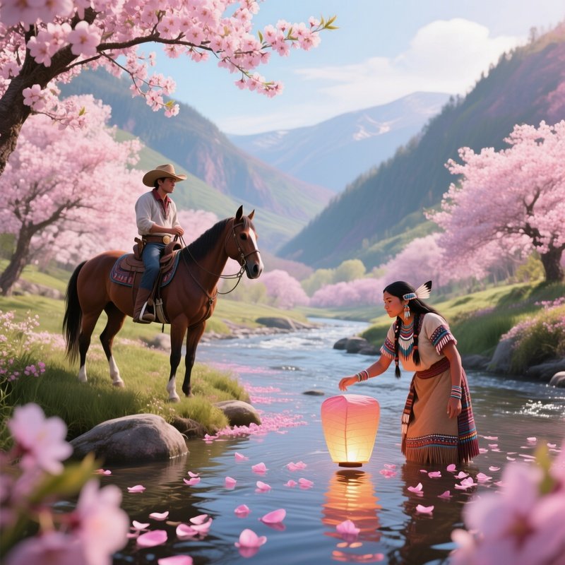 A Vibrant Spring River Valley, Cherry Blossoms In Full Bloom, A Cowboy On A Horse Pauses To Admire