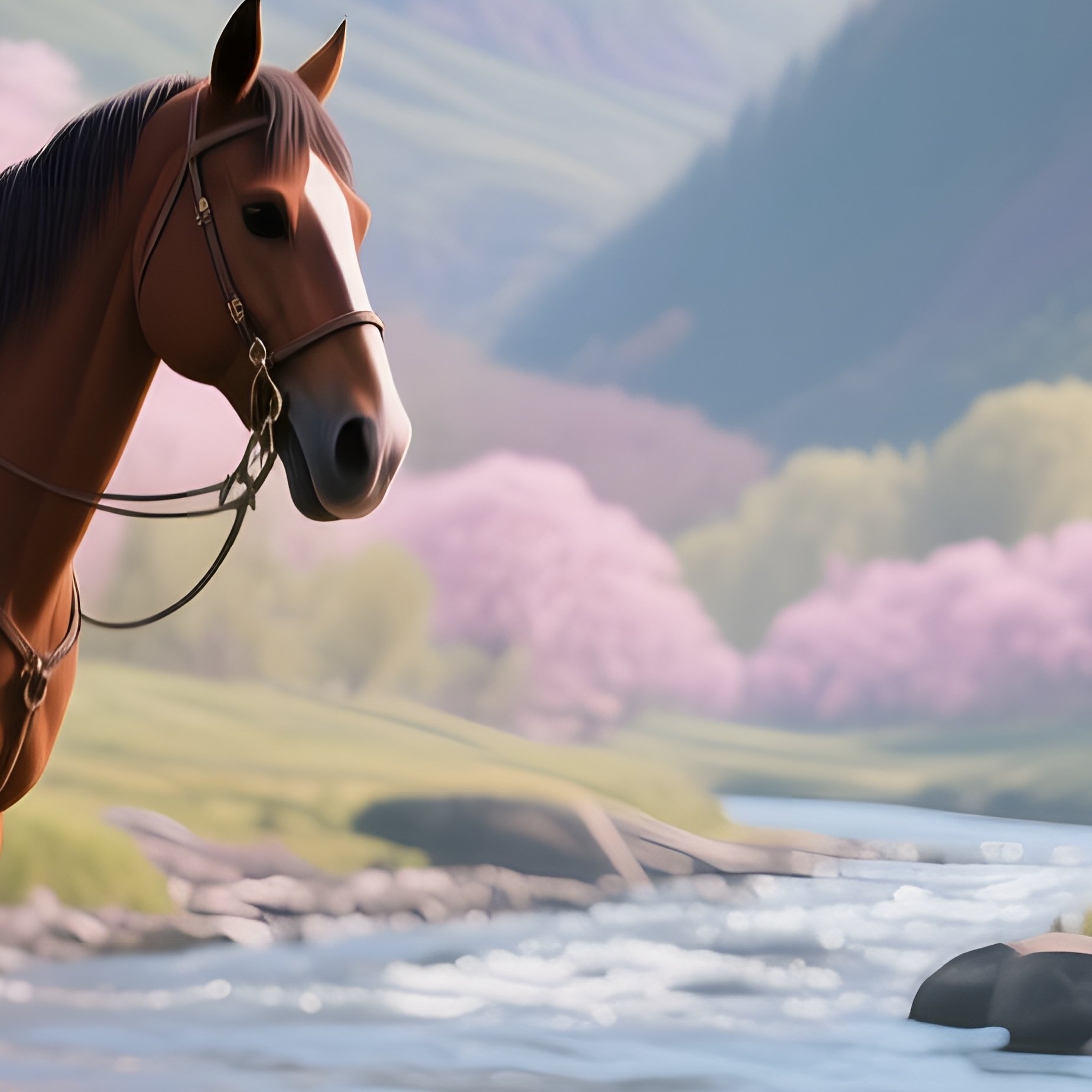A Vibrant Spring River Valley, Cherry Blossoms In Full Bloom, A Cowboy On A Horse Pauses To Admire - Full Resolution Quality Preview