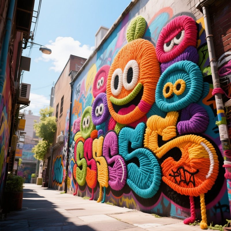 A Vibrant Street Art Alley At Midday, Where A Massive Mural Of Graffiti‑Style Characters Is