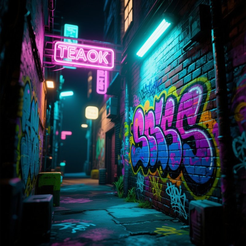 A Vibrant Street Art Alley At Night, Graffiti Rendered In Bright Polymer Clay Textures On Brick