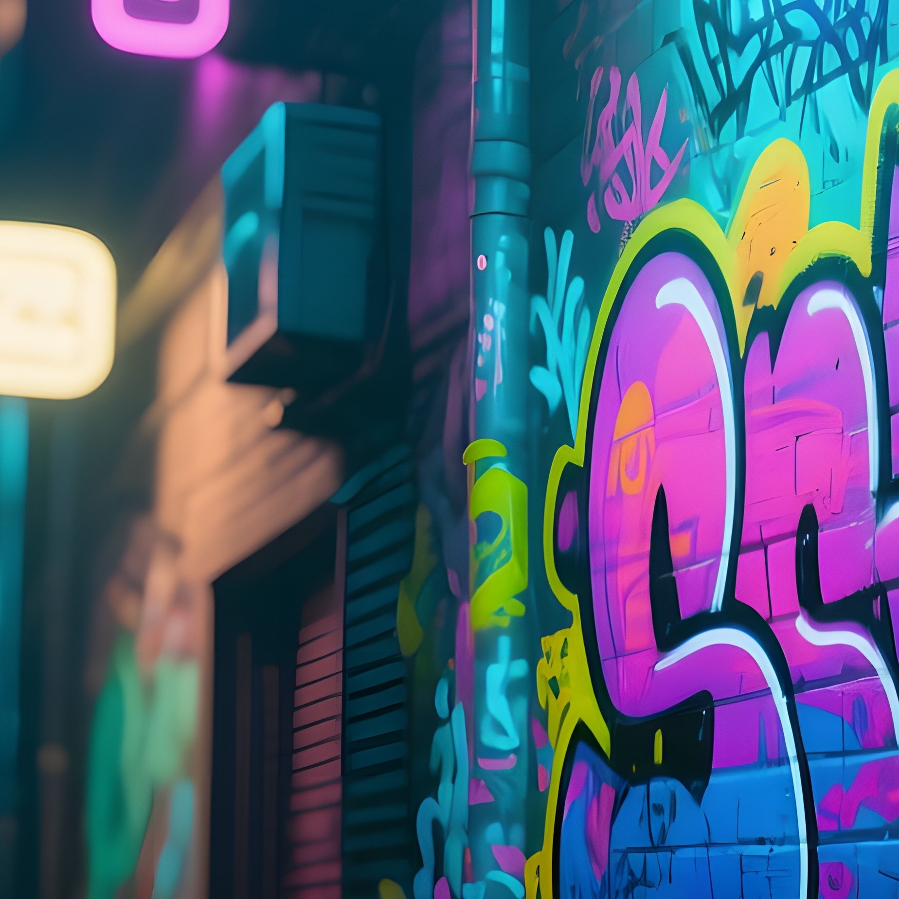 A Vibrant Street Art Alley At Night, Graffiti Rendered In Bright Polymer Clay Textures On Brick - Full Resolution Quality Preview