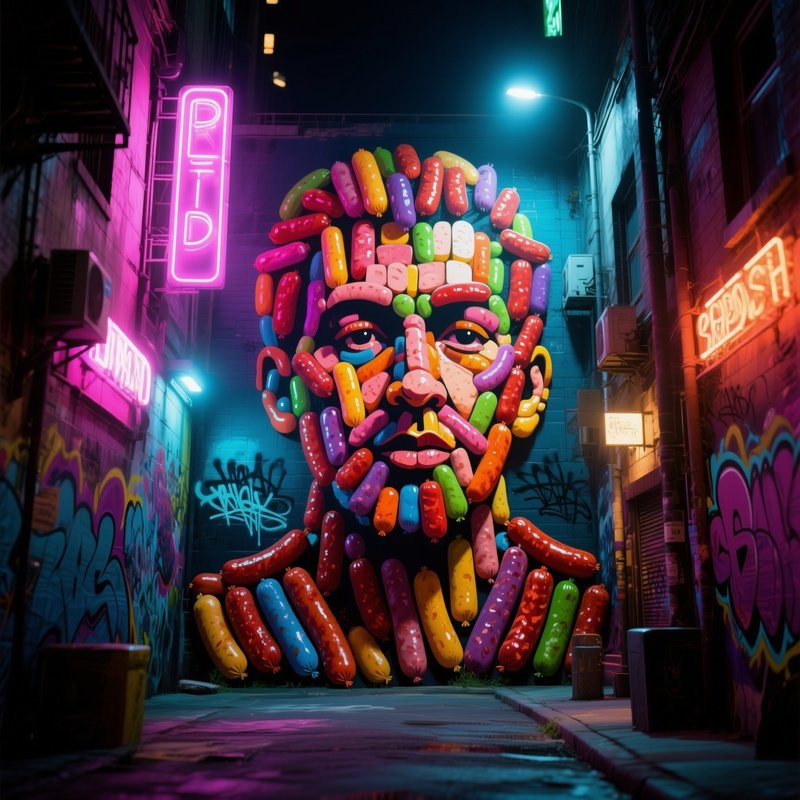 A Vibrant Street Art Alley At Night Illuminated By Neon Signs, Featuring A Gigantic Graffiti Style