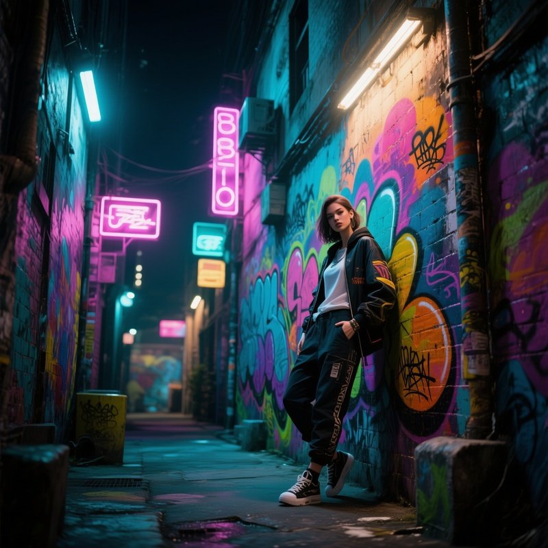 A Vibrant Street Art Alley At Night, Walls Covered In Colorful Murals, Neon Signs Buzzing Softly,