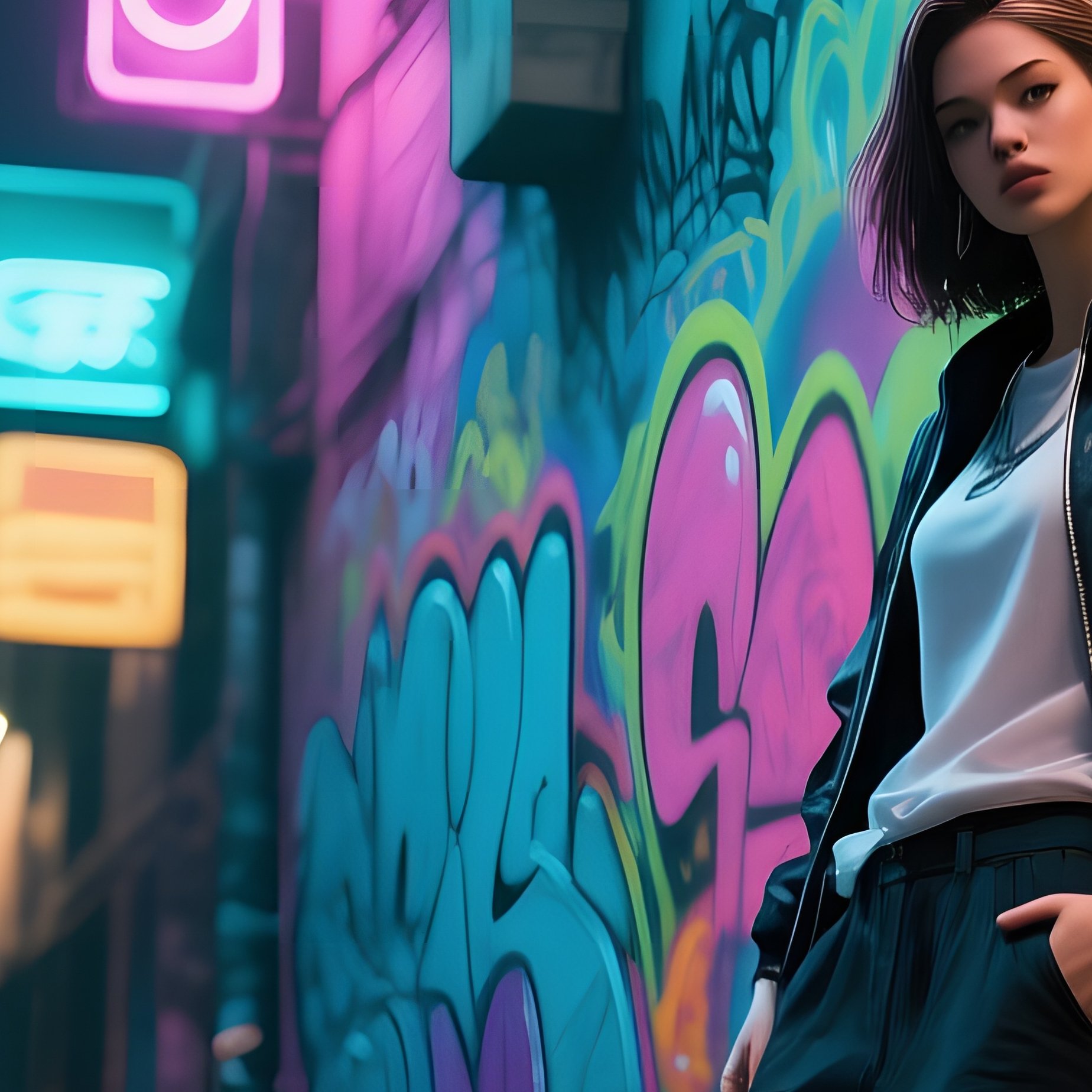 A Vibrant Street Art Alley At Night, Walls Covered In Colorful Murals, Neon Signs Buzzing Softly, - Full Resolution Quality Preview