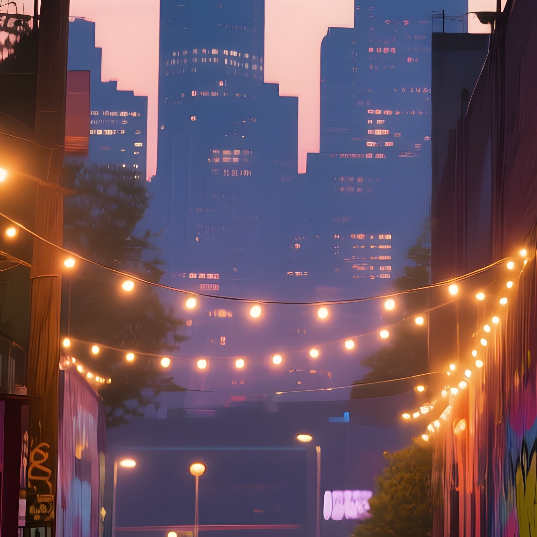 A Vibrant Street Art Alley In Detroit At Dusk, Colorful Murals Illuminated By String Lights, - Full Resolution Quality Preview