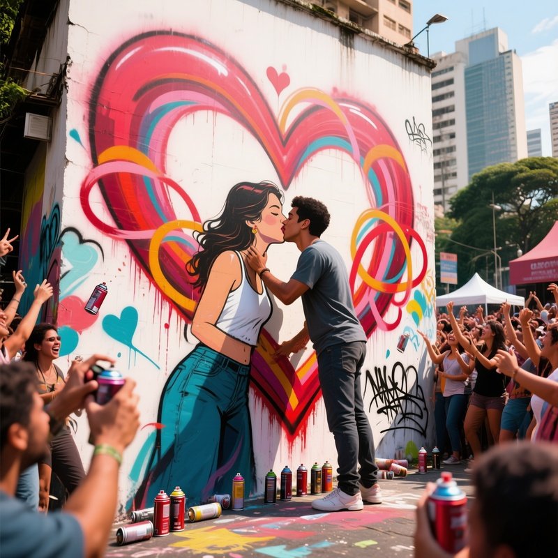 A Vibrant Street Art Festival In São Paulo, Massive Mural Of Intertwined Hearts Being Painted As A