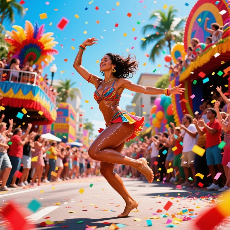 A Vibrant Street Festival In Rio A Female Dancer Mid Samba Body Glistening With Sweat Colorful