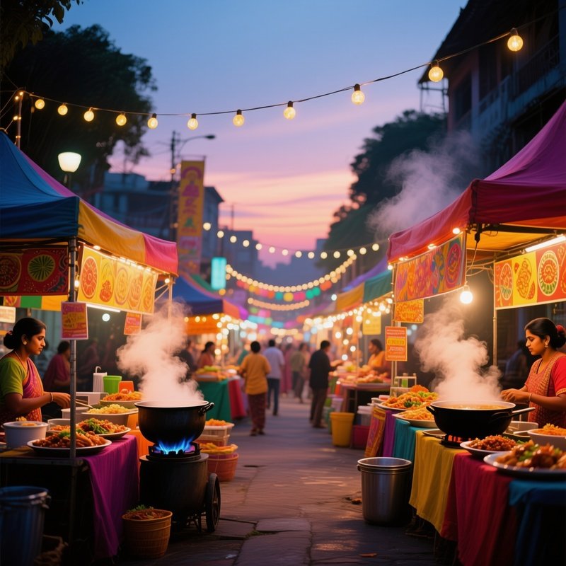 A Vibrant Street Food Festival At Dusk, Colorful Stalls Offering Exotic Dishes, Steam Rising From