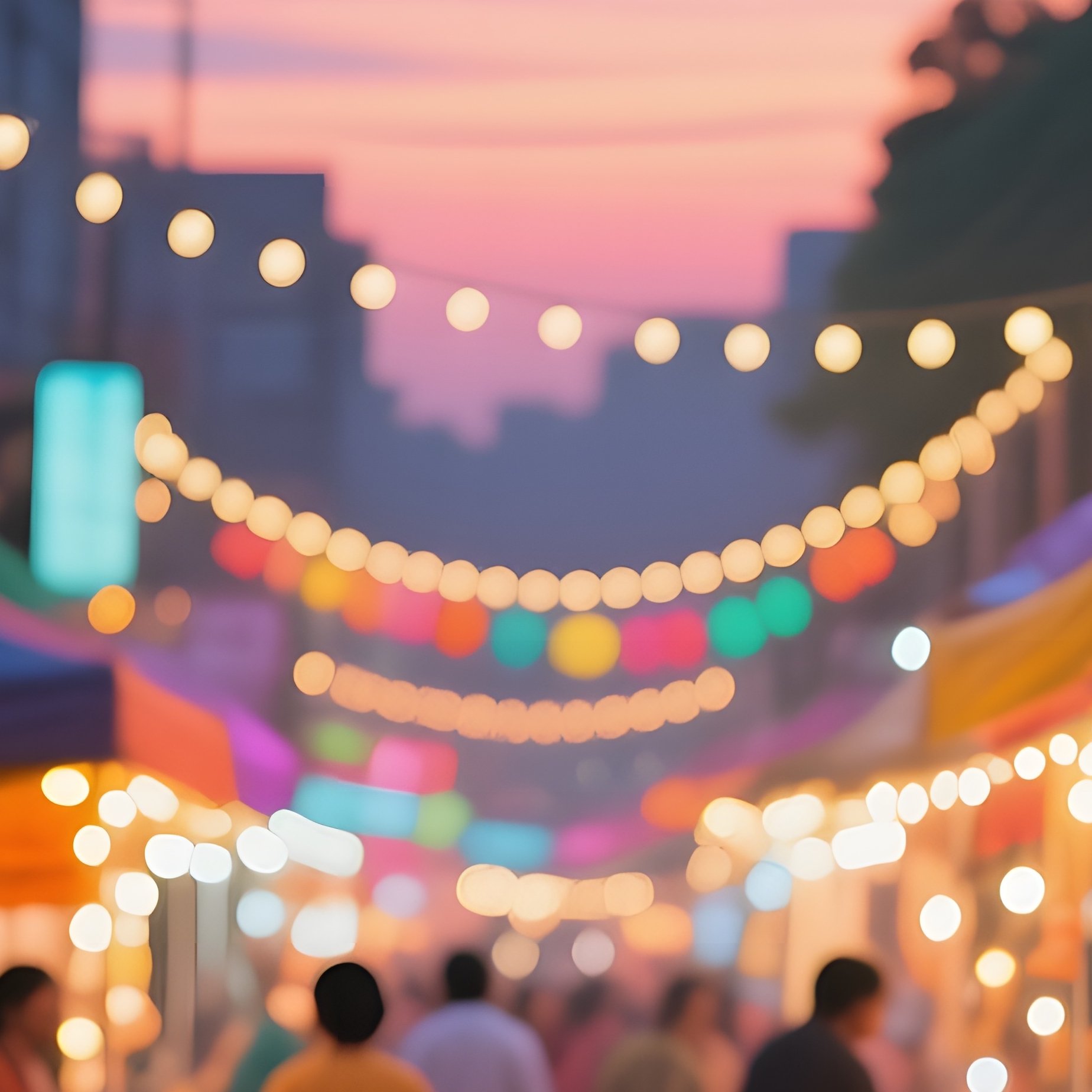 A Vibrant Street Food Festival At Dusk, Colorful Stalls Offering Exotic Dishes, Steam Rising From - Full Resolution Quality Preview