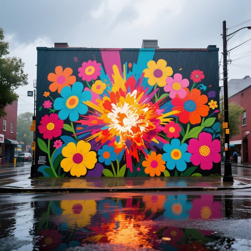 A Vibrant Street Mural Depicting An Explosion Of Pop‑Art Flowers In Primary Colors, Rain Soaked