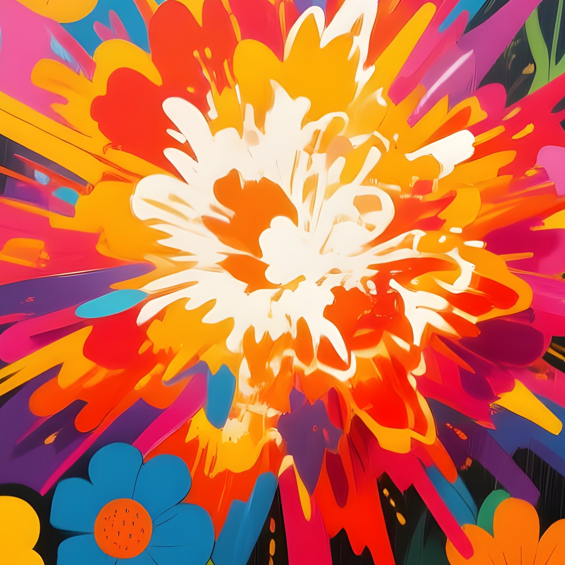A Vibrant Street Mural Depicting An Explosion Of Pop‑Art Flowers In Primary Colors, Rain Soaked - Full Resolution Quality Preview