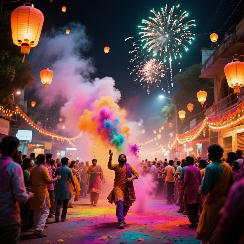 A Vibrant Street Parade During India'S Holi Festival, Clouds Of Colored Powder Filling The Air,