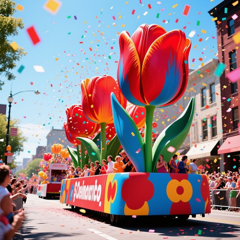 A Vibrant Street Parade Featuring Floats Adorned With Giant Pop‑Art Tulips In Saturated Reds And