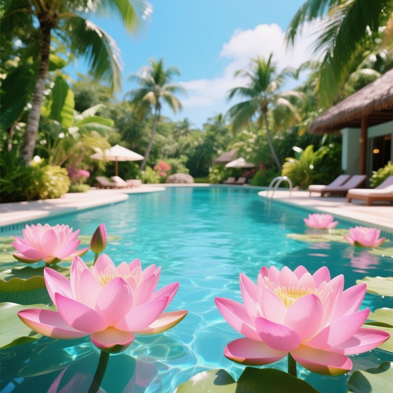 A Vibrant Summer Afternoon At A Tropical Resort Pool Surrounded By Lush Foliage, Giant Pink Lotus