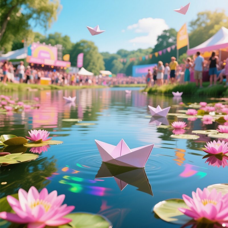 A Vibrant Summer Festival By A Lake Where People Release Paper Boats Among Blooming Pink Water