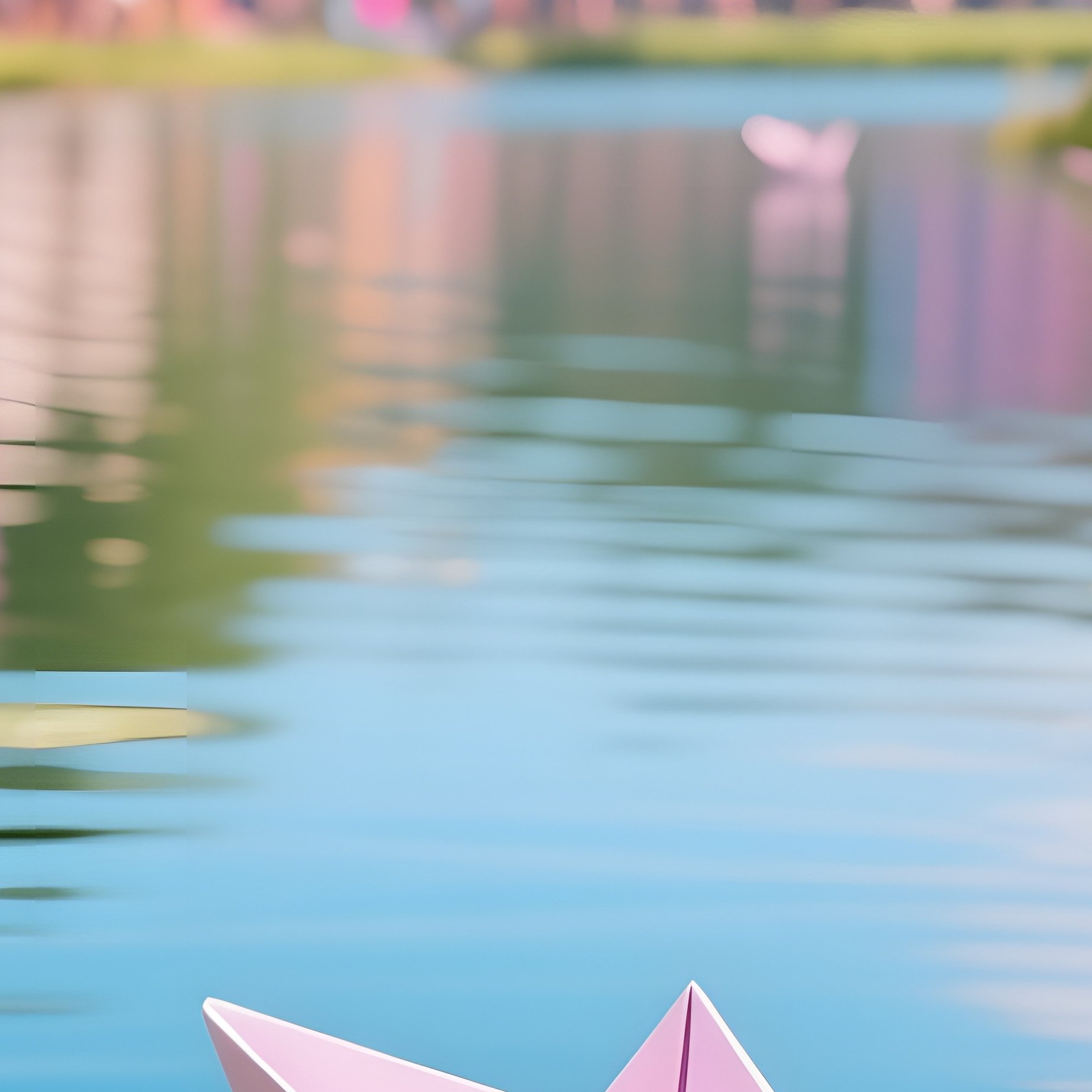 A Vibrant Summer Festival By A Lake Where People Release Paper Boats Among Blooming Pink Water - Full Resolution Quality Preview
