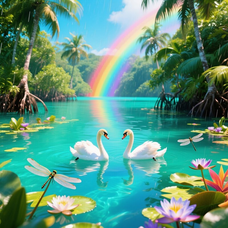 A Vibrant Summer Scene On A Tropical Lagoon Surrounded By Dense Mangroves, Bright Turquoise Water