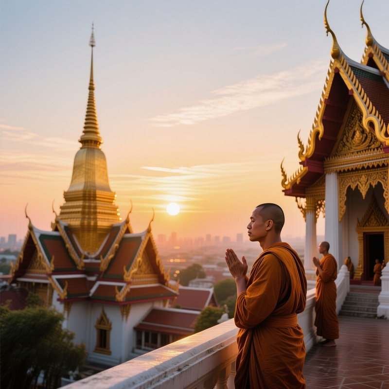 A Vibrant Sunrise Over A Thai Temple Rooftop, Golden Spires Catching First Rays, Monks In Saffron