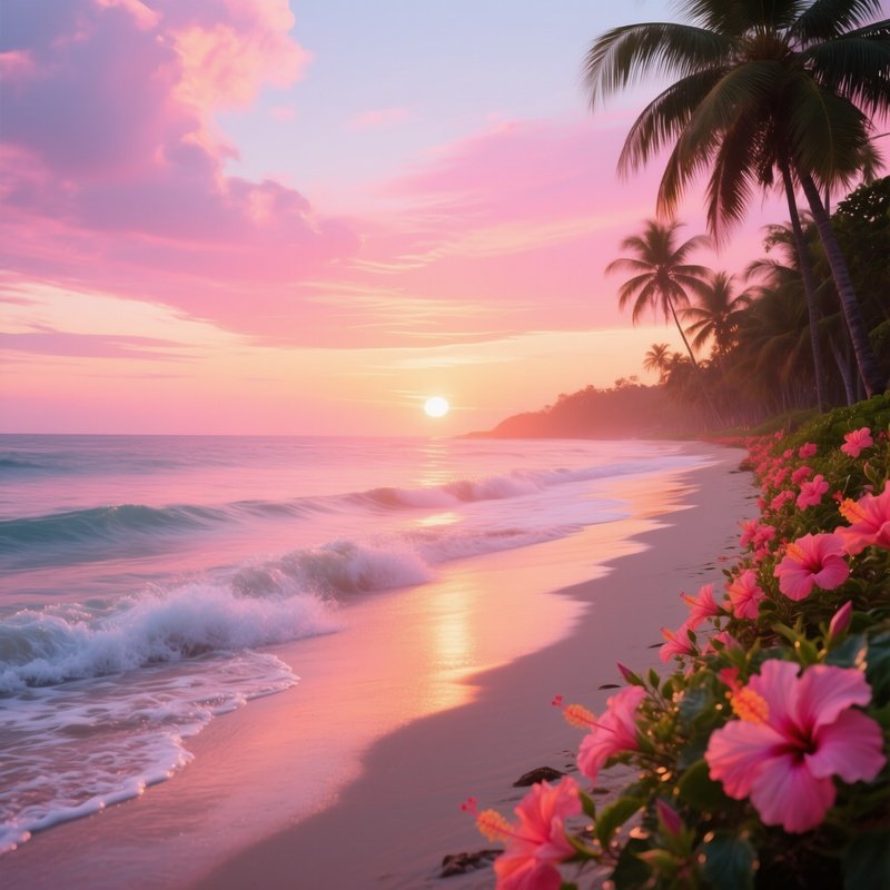 A Vibrant Sunrise Over A Tropical Beach Where Hibiscus Flowers Line The Shoreline, Waves Gently