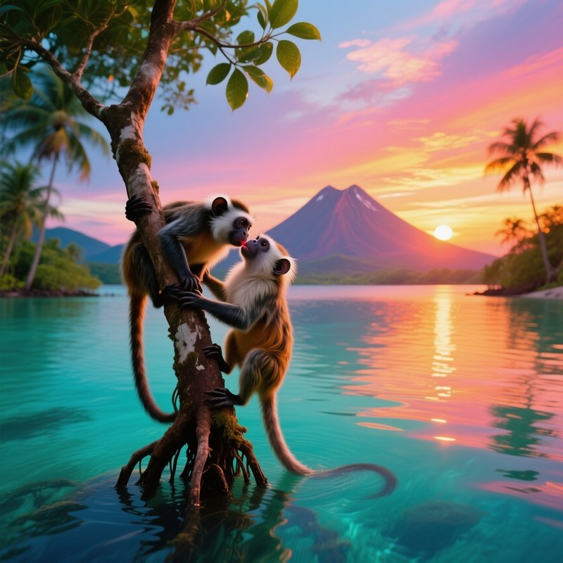 A Vibrant Sunrise Over A Tropical Lagoon, Two Cotton Top Tamarins Cling To A Mangrove Root And