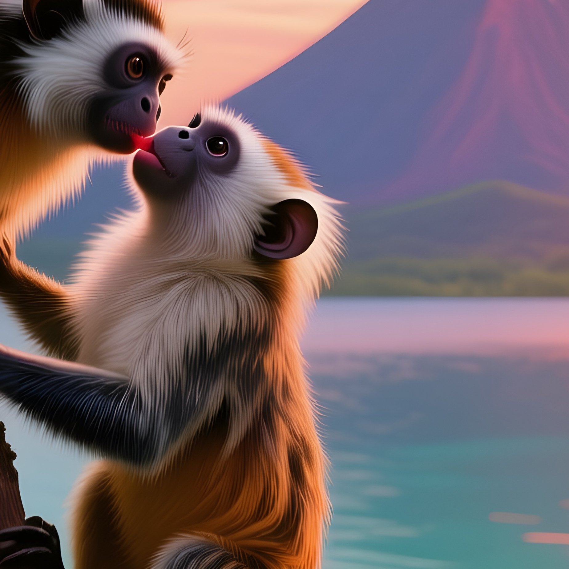 A Vibrant Sunrise Over A Tropical Lagoon, Two Cotton Top Tamarins Cling To A Mangrove Root And - Full Resolution Quality Preview