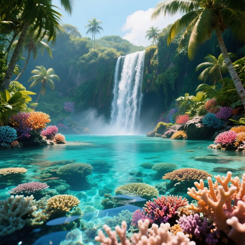 A Vibrant Tropical Scene With A Waterfall Cascading Into A Lagoon Surrounded By Colorful Coral