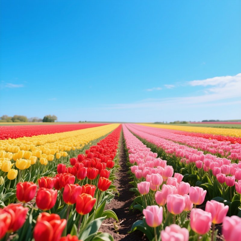 A Vibrant Tulip Field In Full Bloom During Spring, Rows Of Red, Yellow, And Pink Flowers Stretching