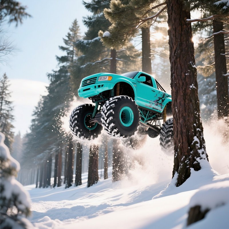 A Vibrant Turquoise Monster Truck Leaps Over A Row Of Giant Pine Trees In A Snowy Forest At Midday,