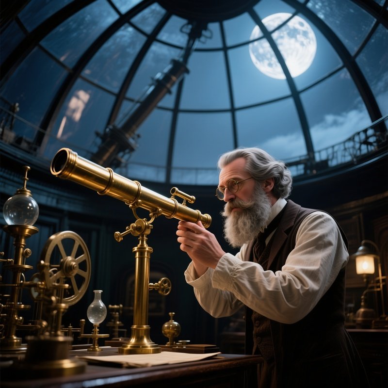 A Victorian Era Scientist With A Wild Gray Beard Examines A Brass Telescope In An Observatory Dome,